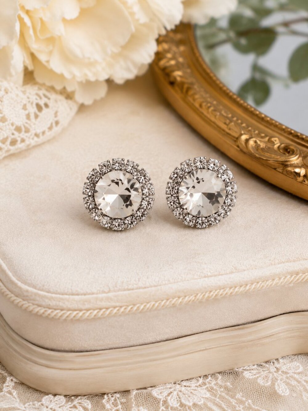 Vintage Austria Clear Crystal Halo Clip-On Earrings Silver Tone